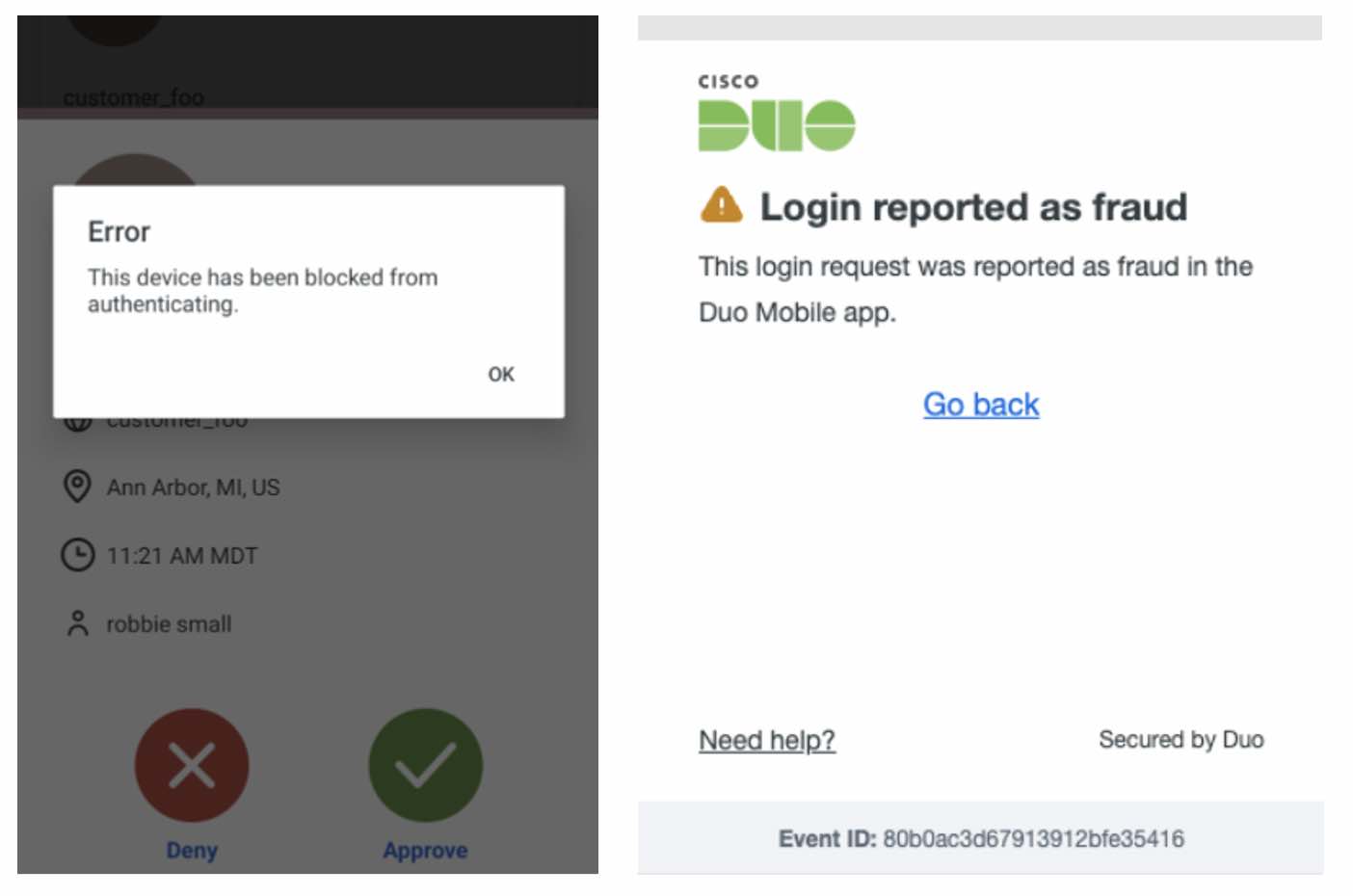 Screenshots of a device being blocked from authenticating as the login is reported as a fraud