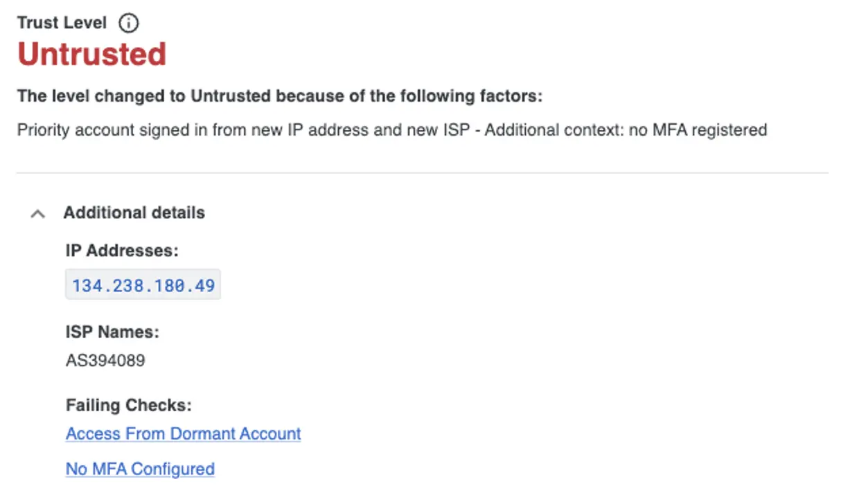 Admin view showing how the Trust Level for the device has changed to Untrusted and why