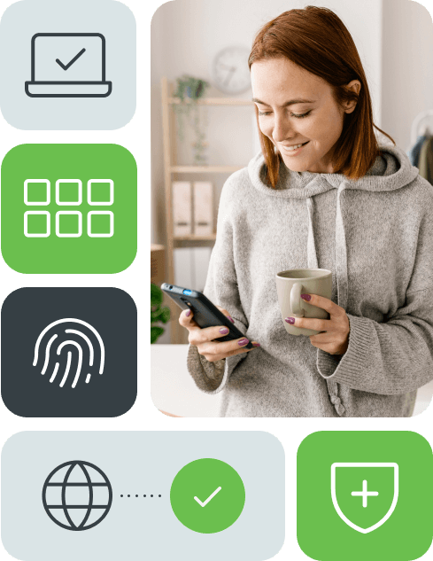Woman on a mobile device and multiple security icons.
