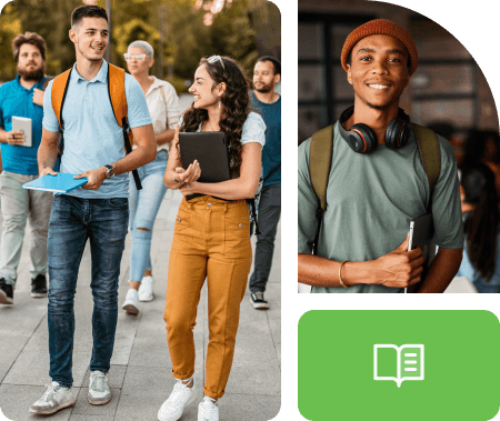 Bento images. Group of university students holding books and laptops walking together, man with laptop & headphones smiling, icon of ebook.