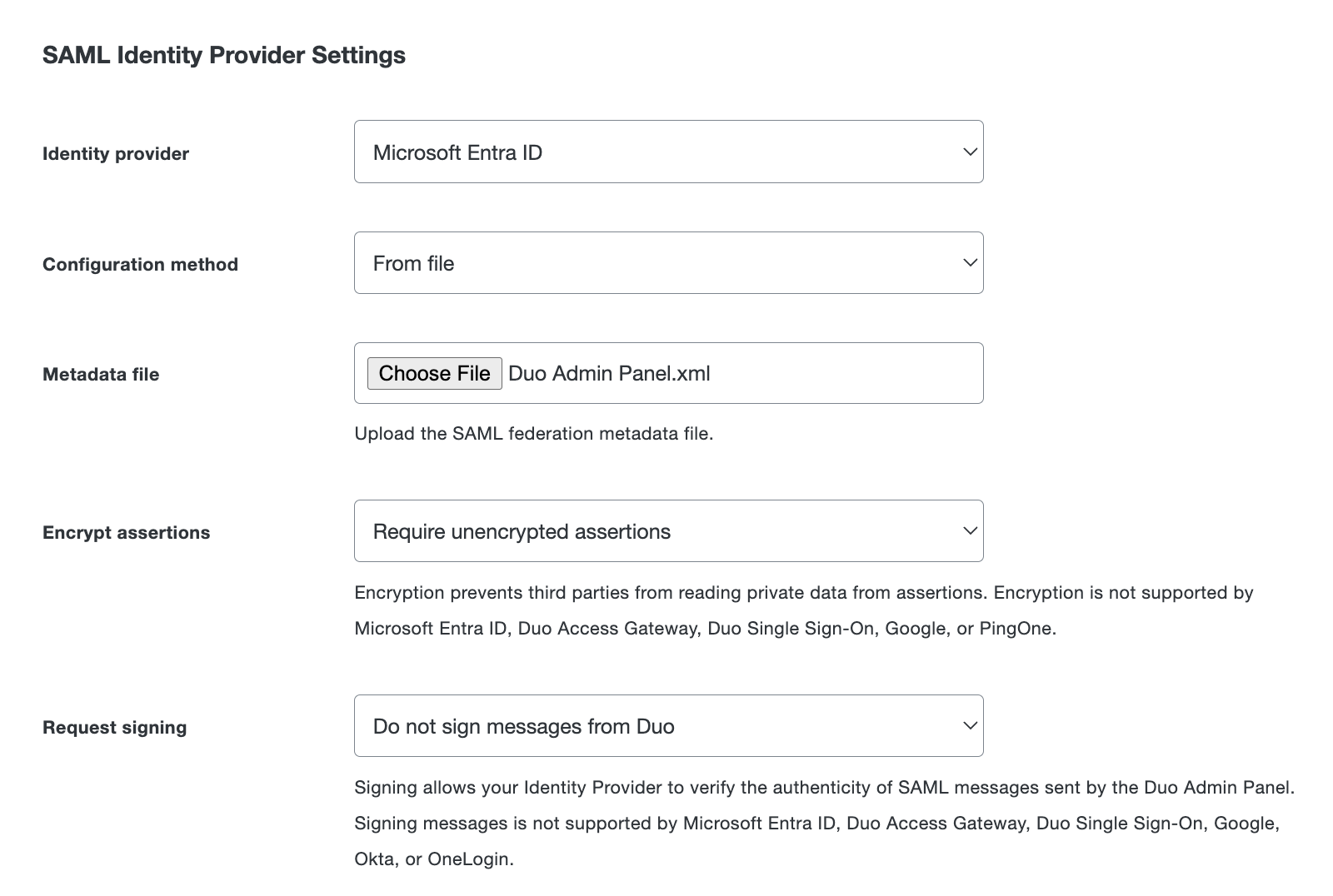 Duo Admin Panel Entra ID SAML Identity Provider Settings