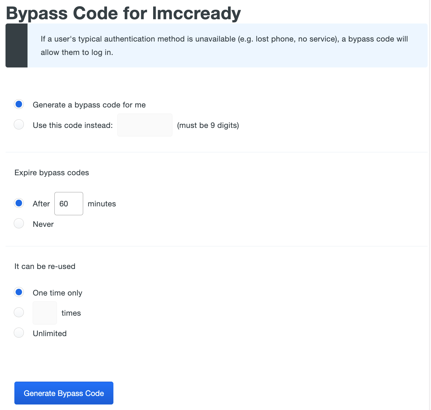 Bypass Code Options