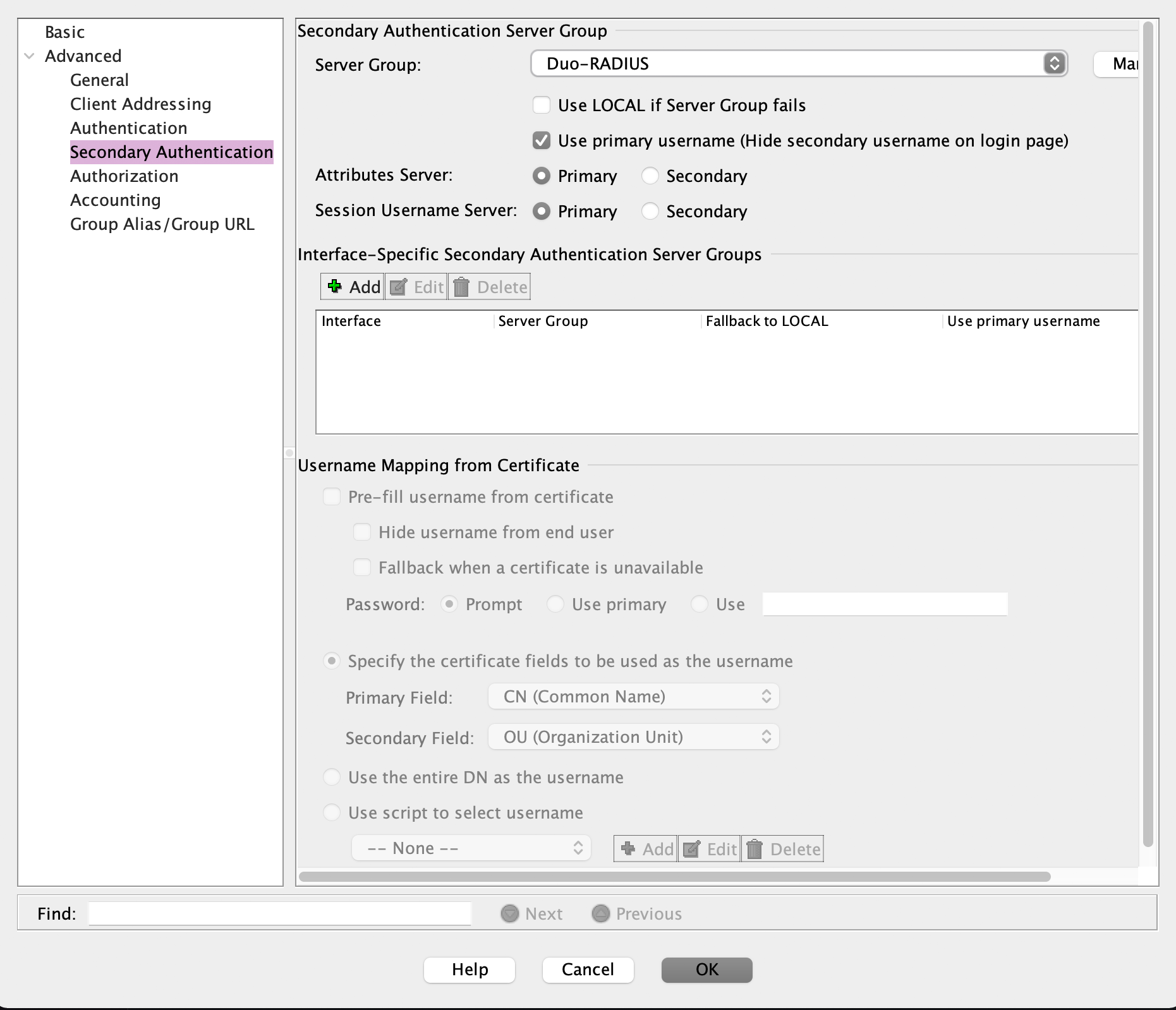 Secondary Server Group Radius