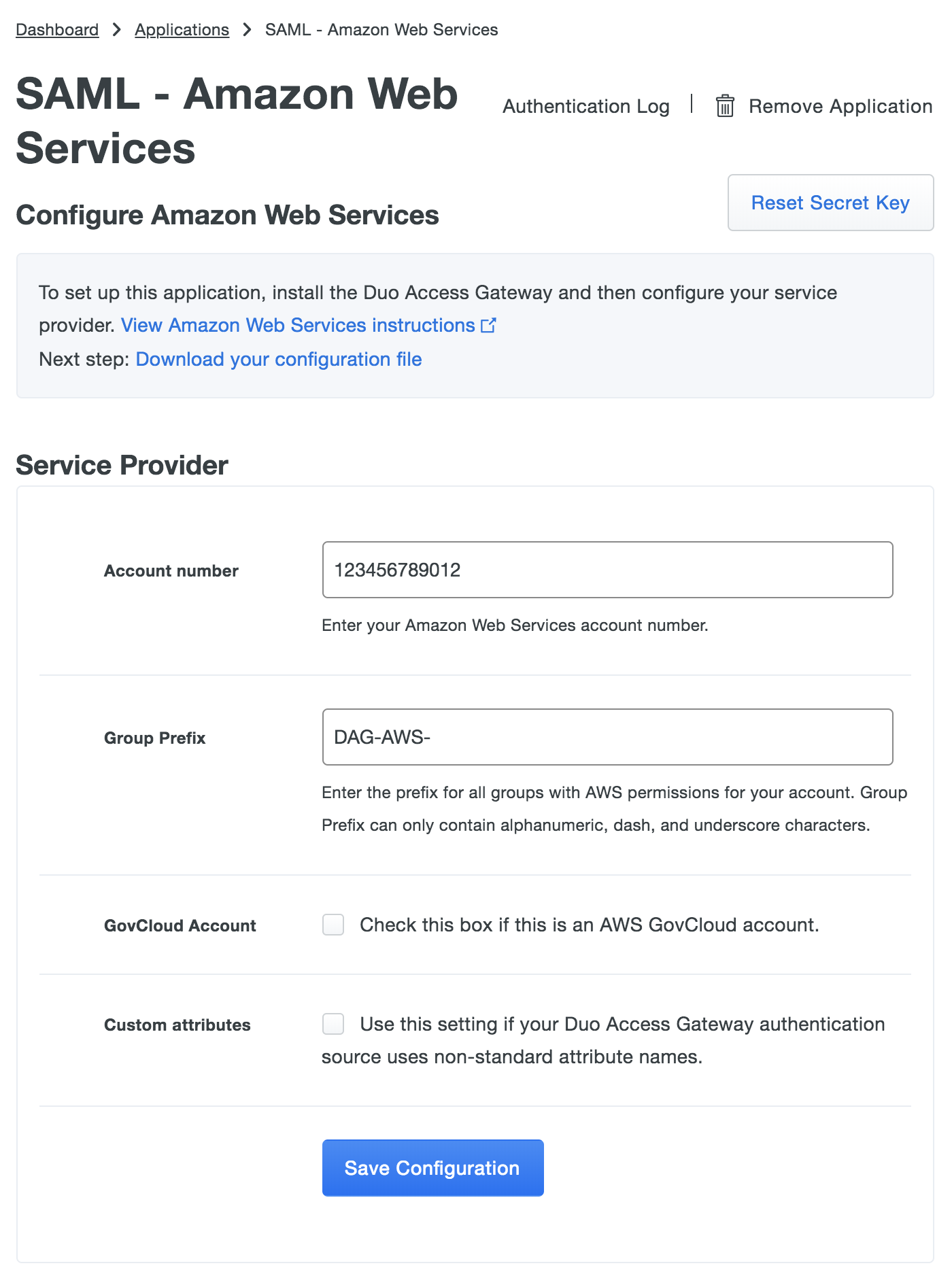 Duo AWS Application Settings