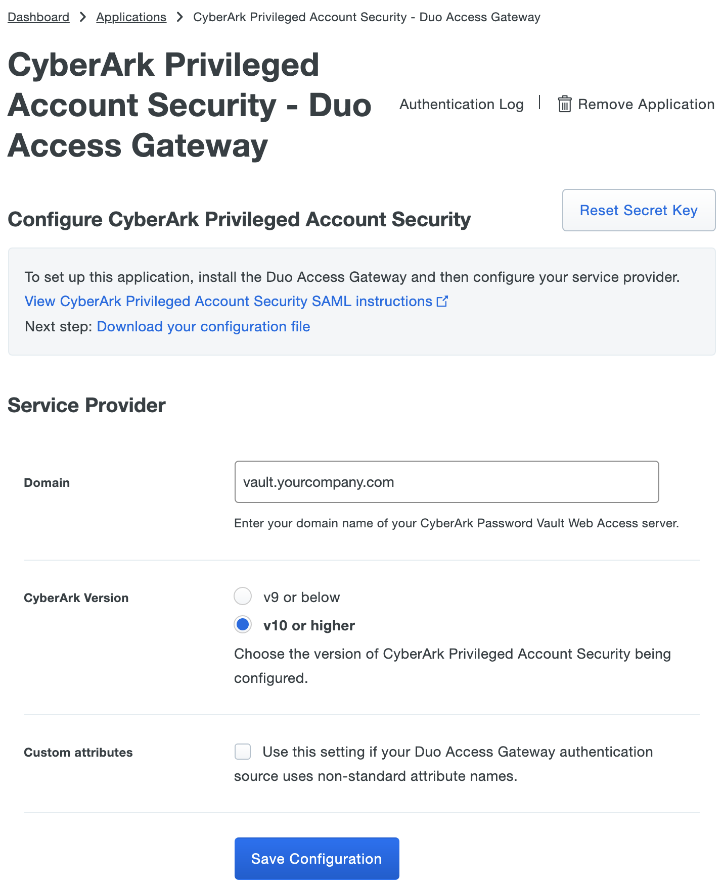 Duo CyberArk Privileged Account Security Application Settings