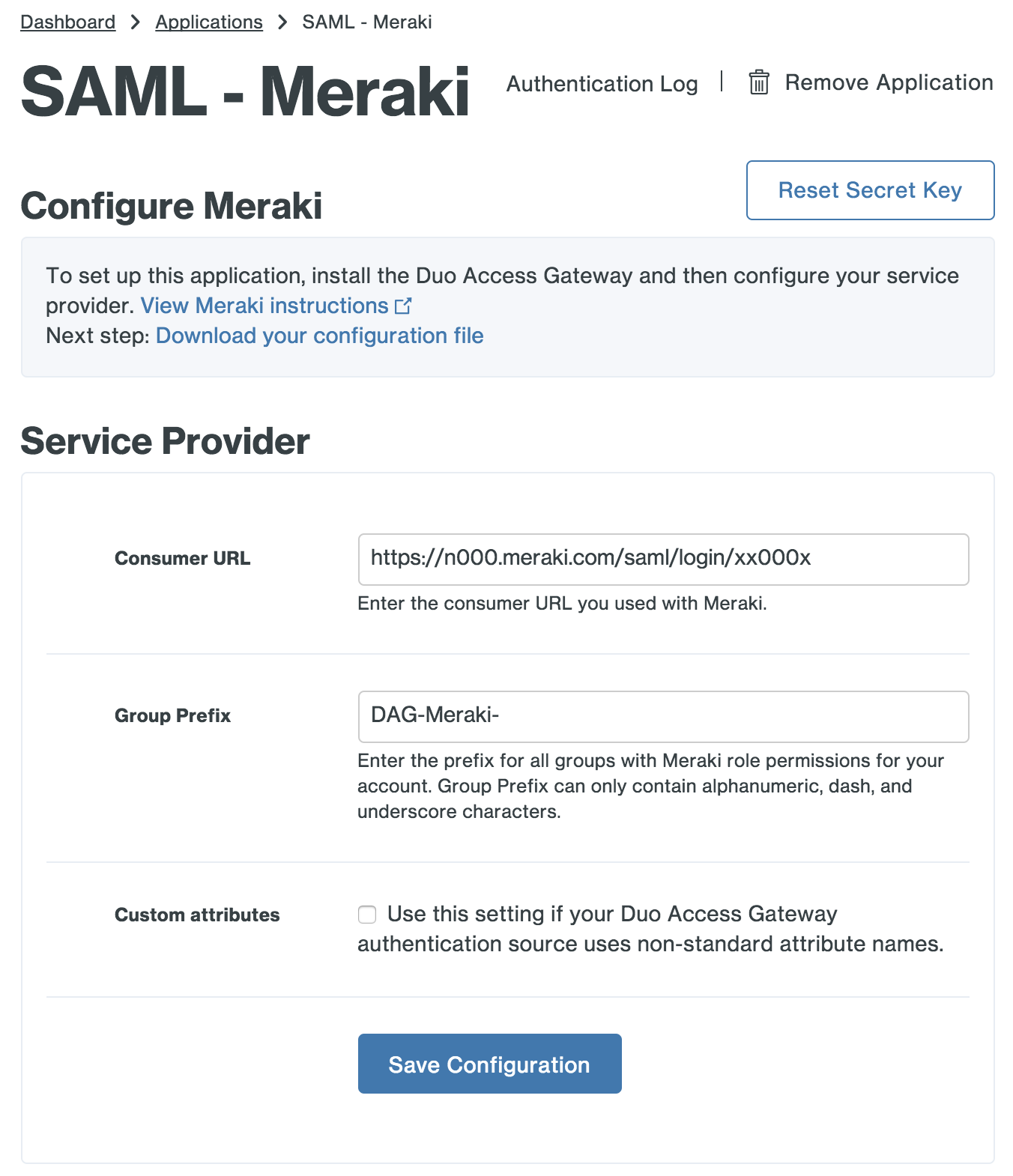 Duo Meraki Application Settings