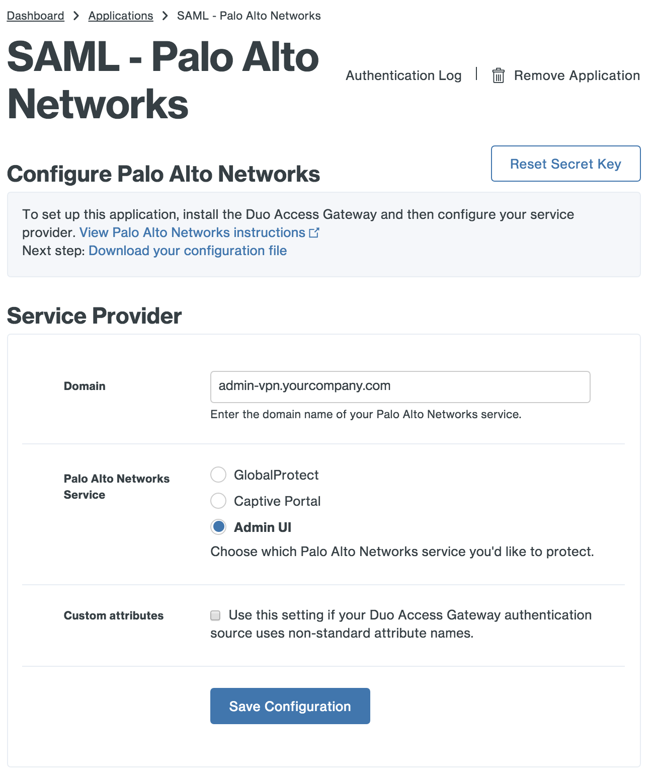 Duo Palo Alto Networks Application Settings