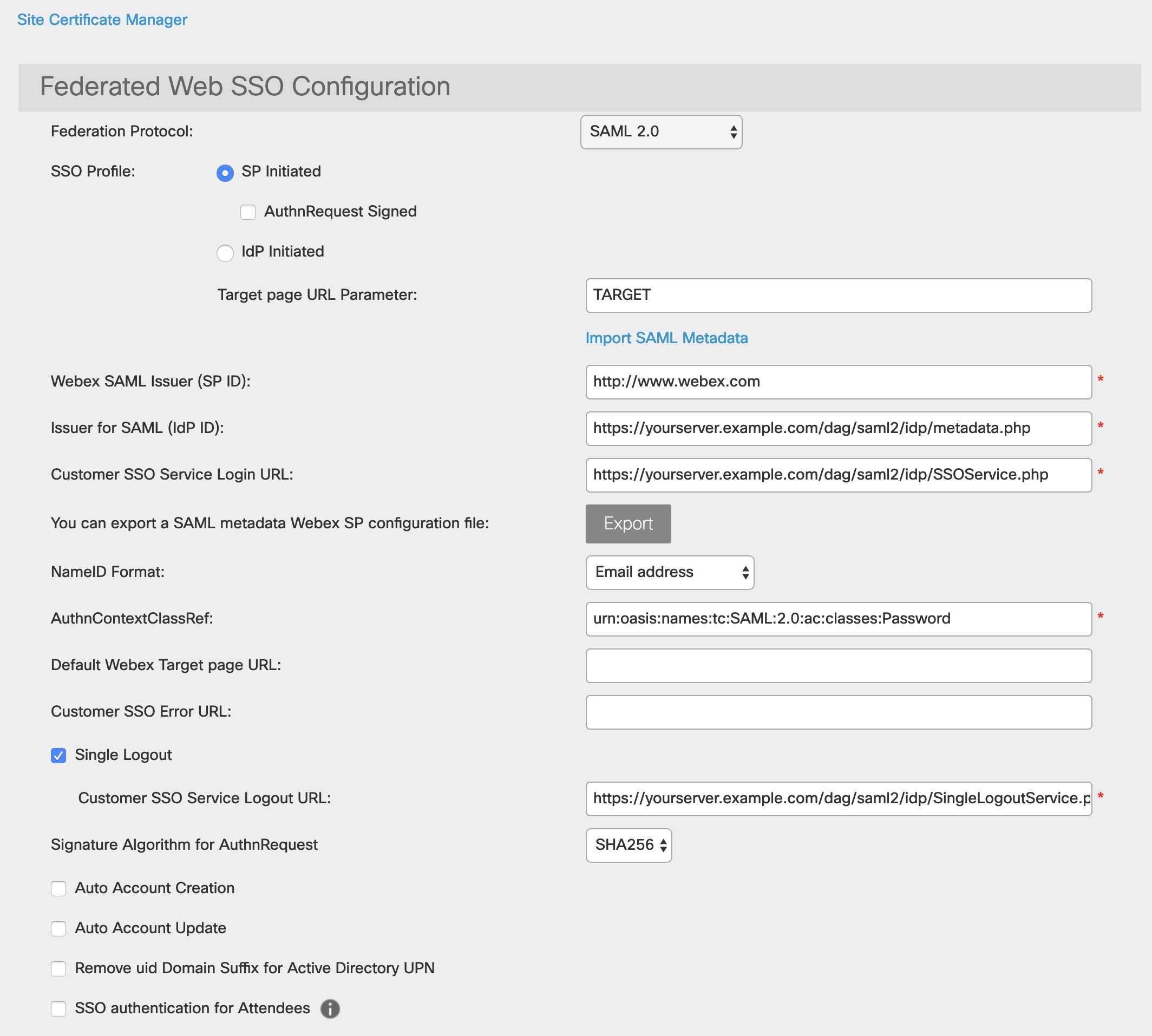 Webex Meetings Single Sign-On Setting Edit