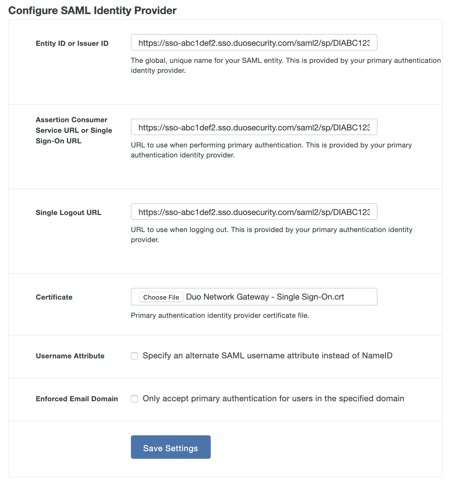 Duo Network Gateway Duo SSO IdP Settings