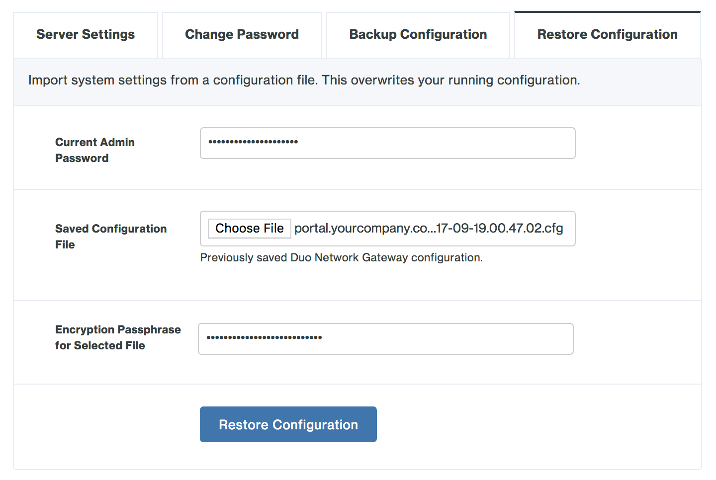 Restore Duo Network Gateway configuration