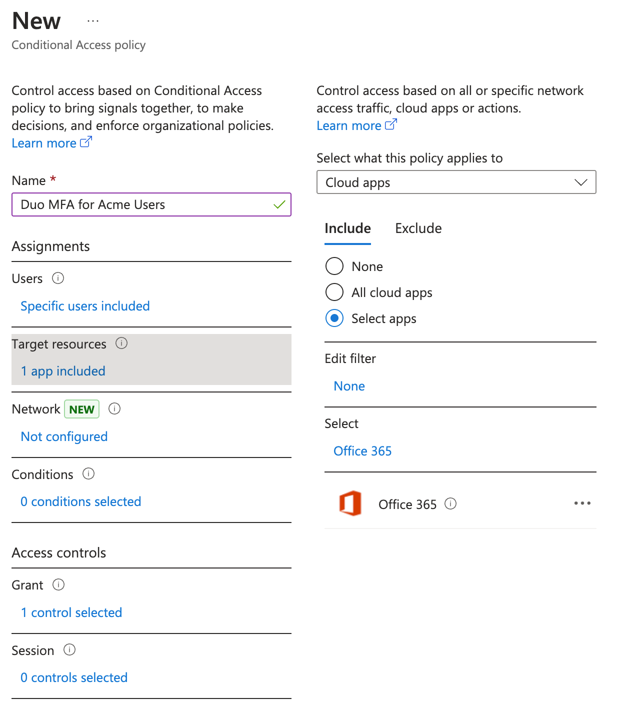 Duo Entra ID CA Policy Cloud App Assignment