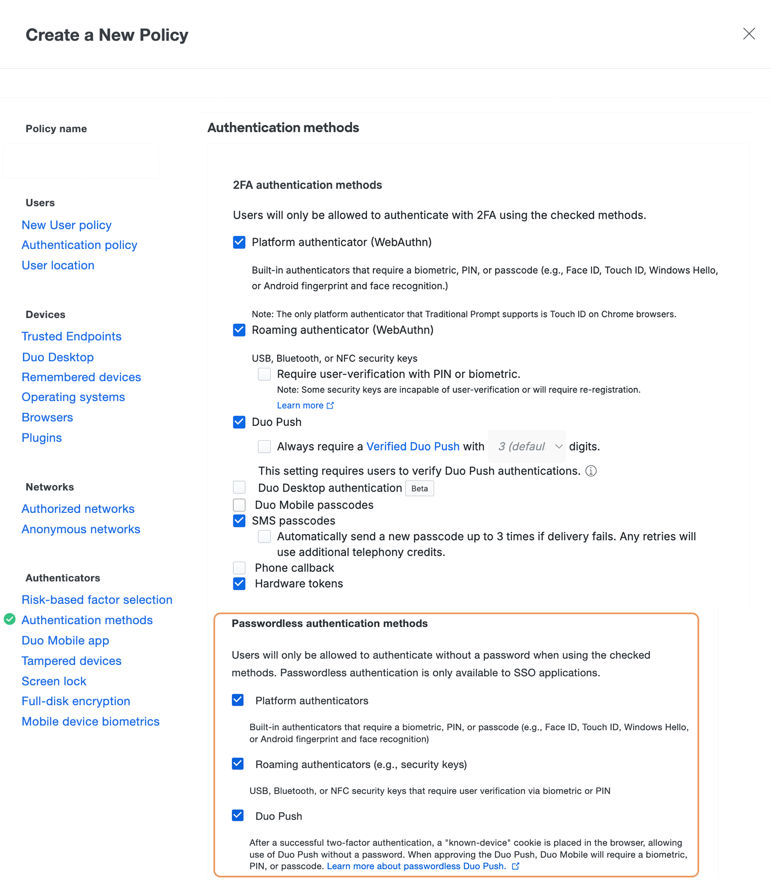 Creating the Passwordless Policy