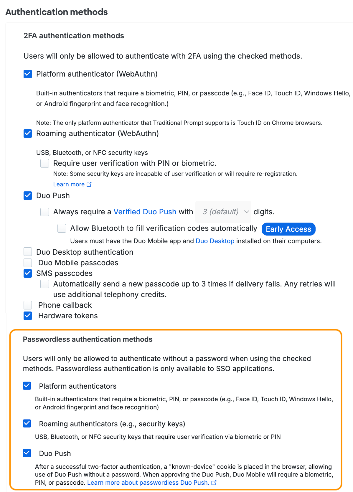 Authentication Methods Settings with Passwordless Activated