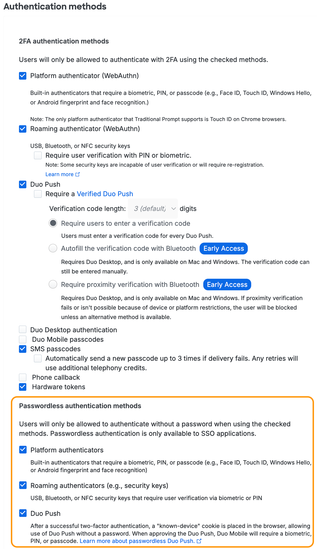 Authentication Methods Settings with Passwordless Activated