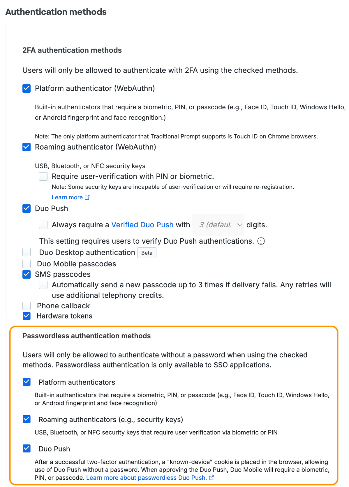 Authentication Methods Settings with Passwordless Activated