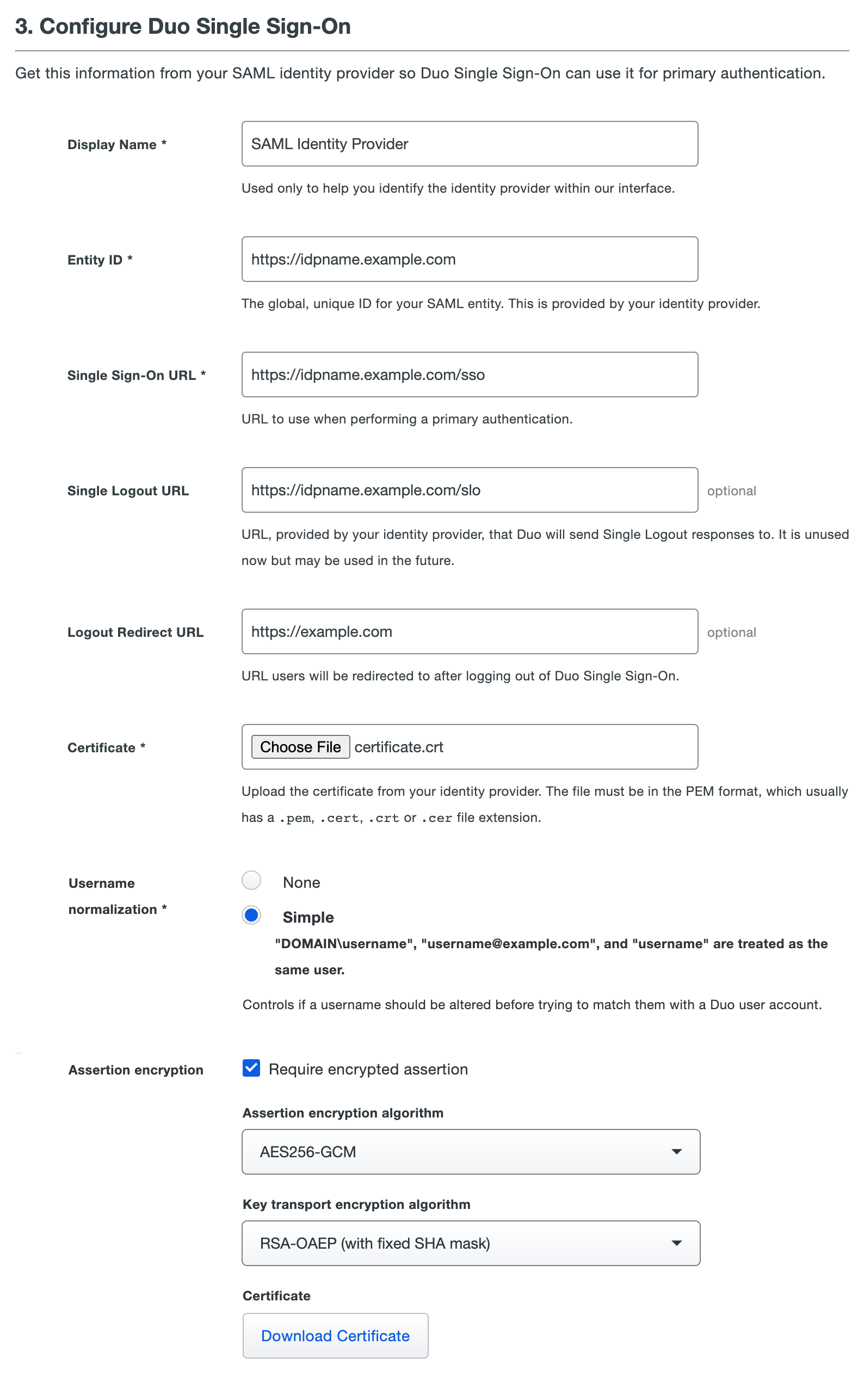 Configuring SAML Identity Provider for Duo Single Sign-On