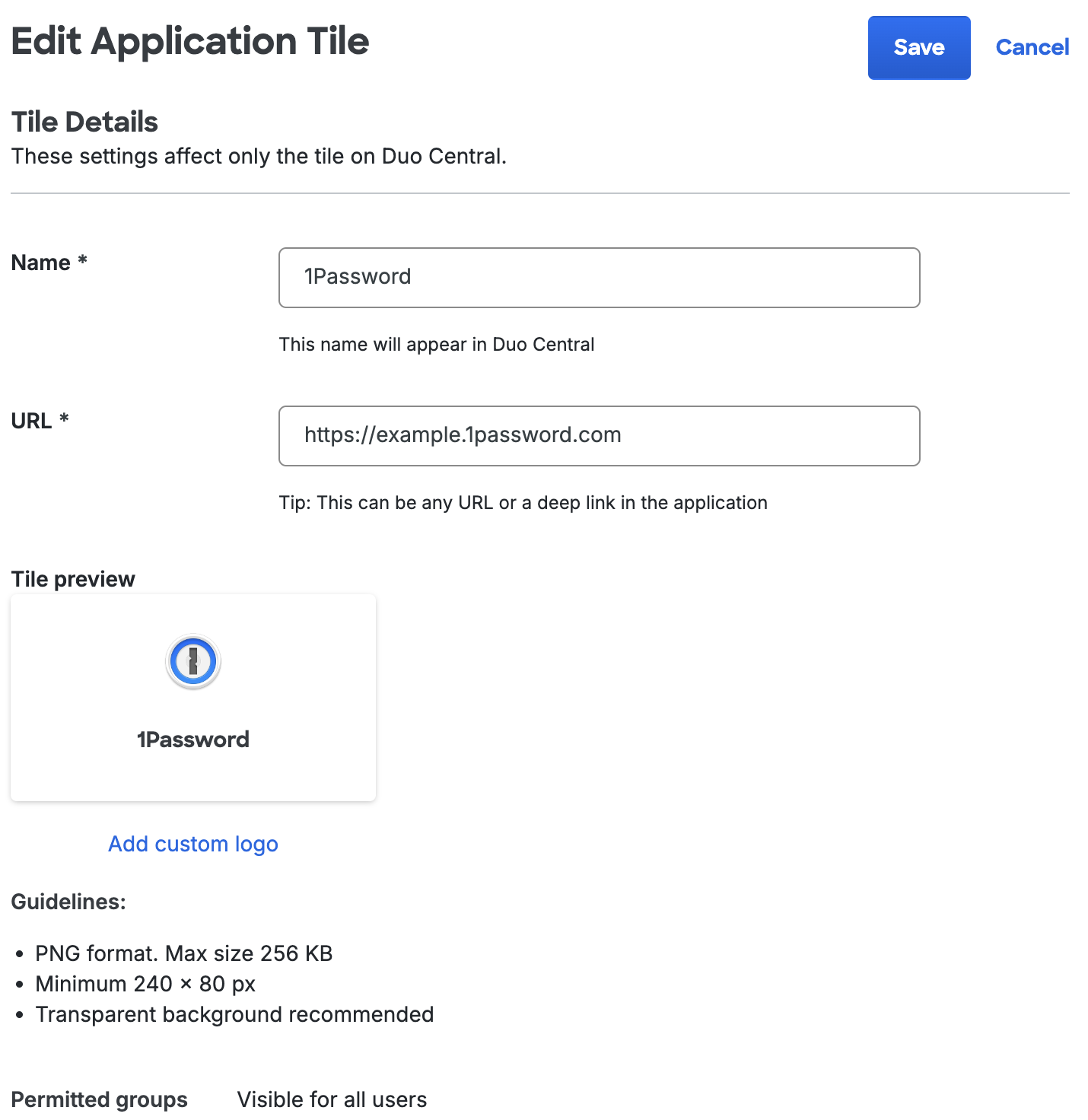 Duo Central Edit application Tile page