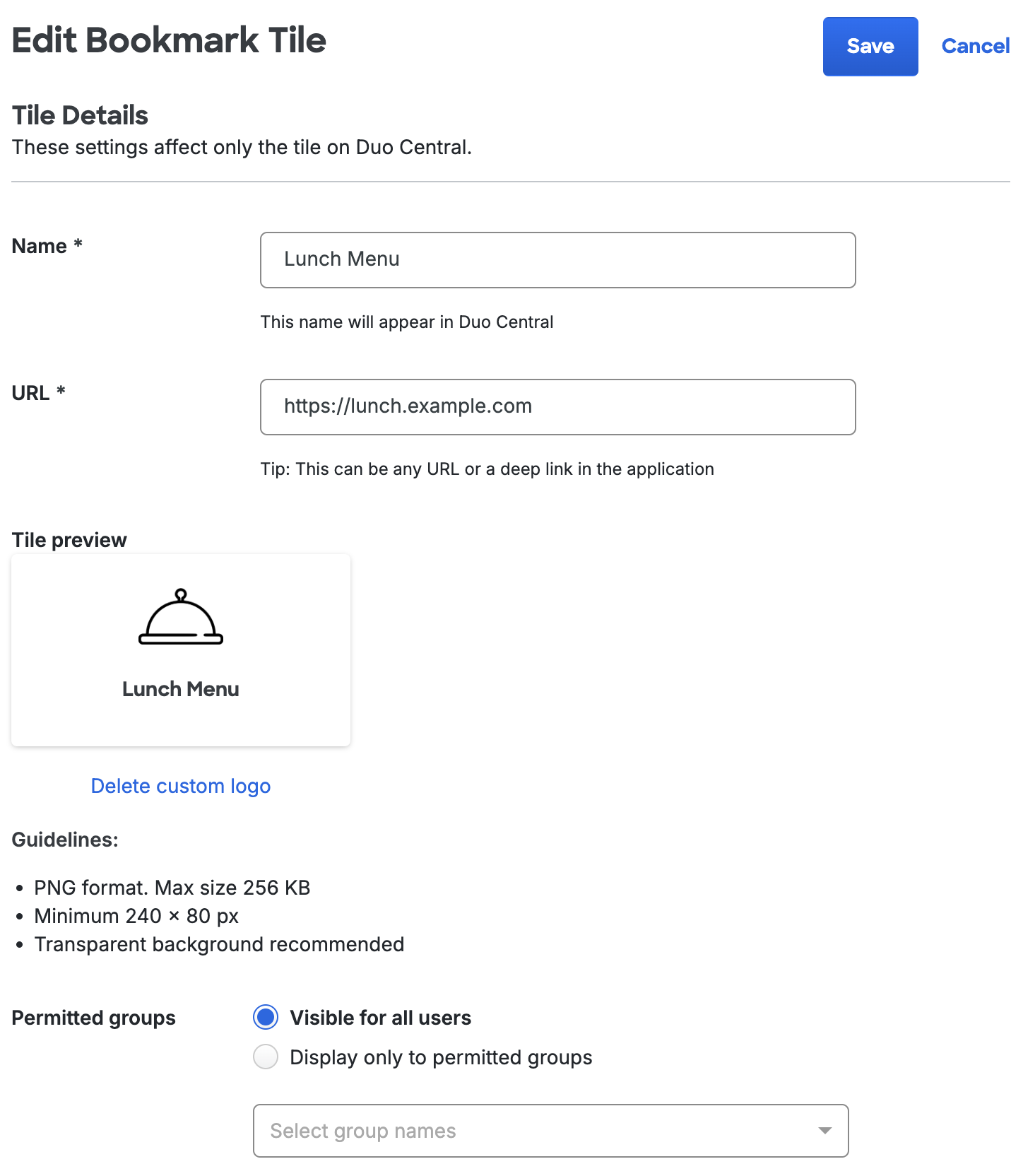 Duo Central Edit Bookmark Tile page