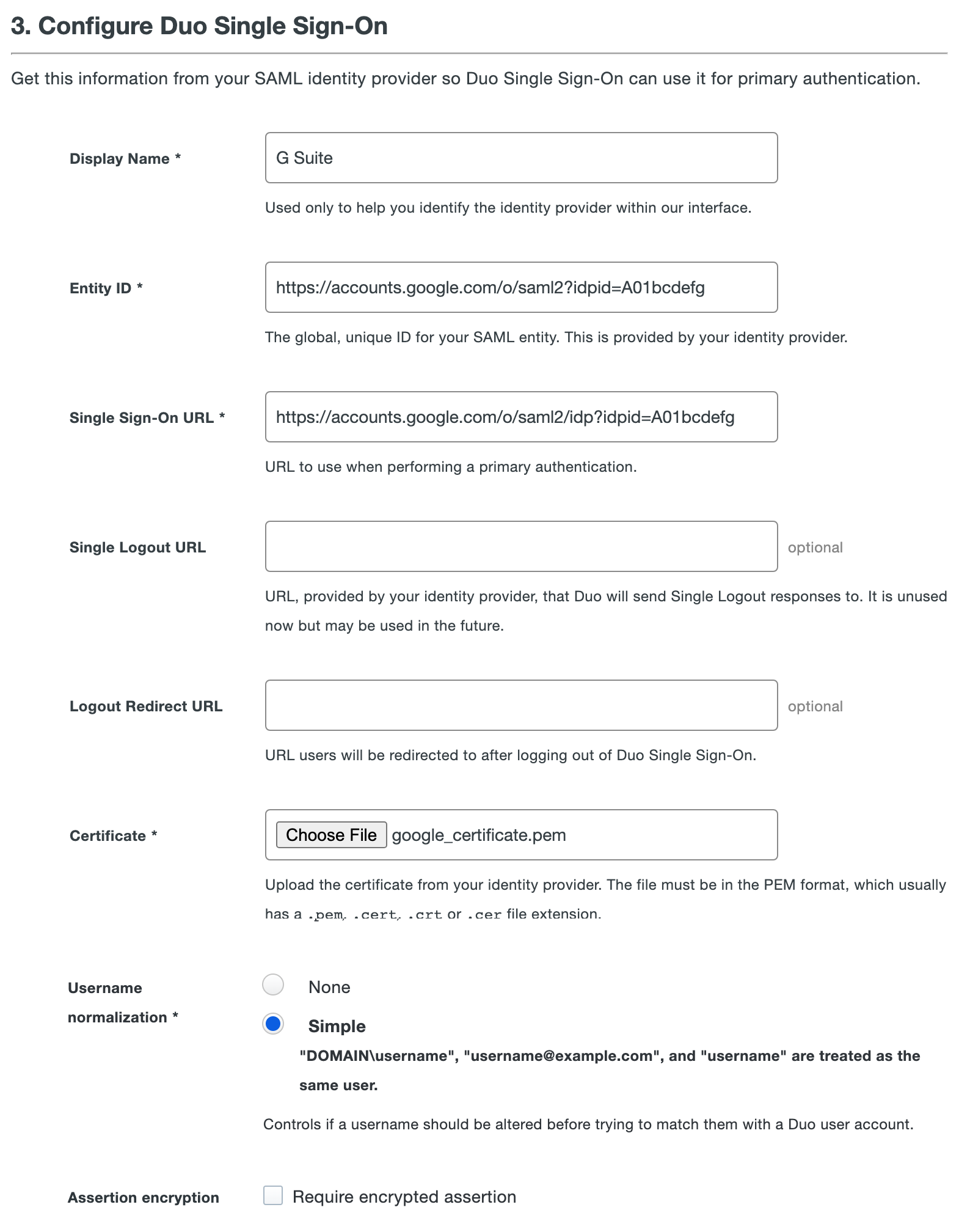 Google Workspace configuration in Duo Single Sign-On