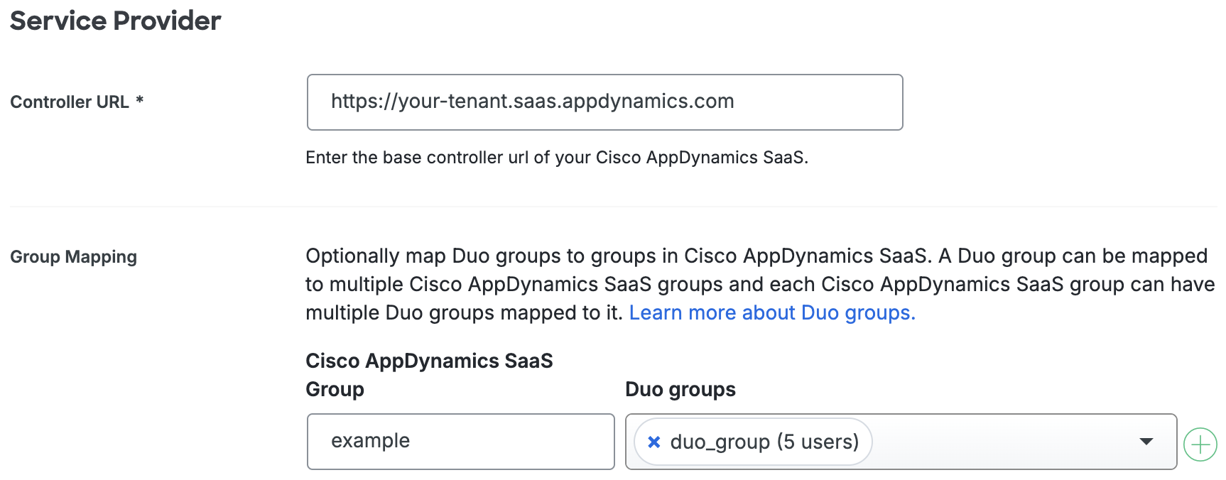 Duo Cisco AppDynamics SaaS Service Provider Fields