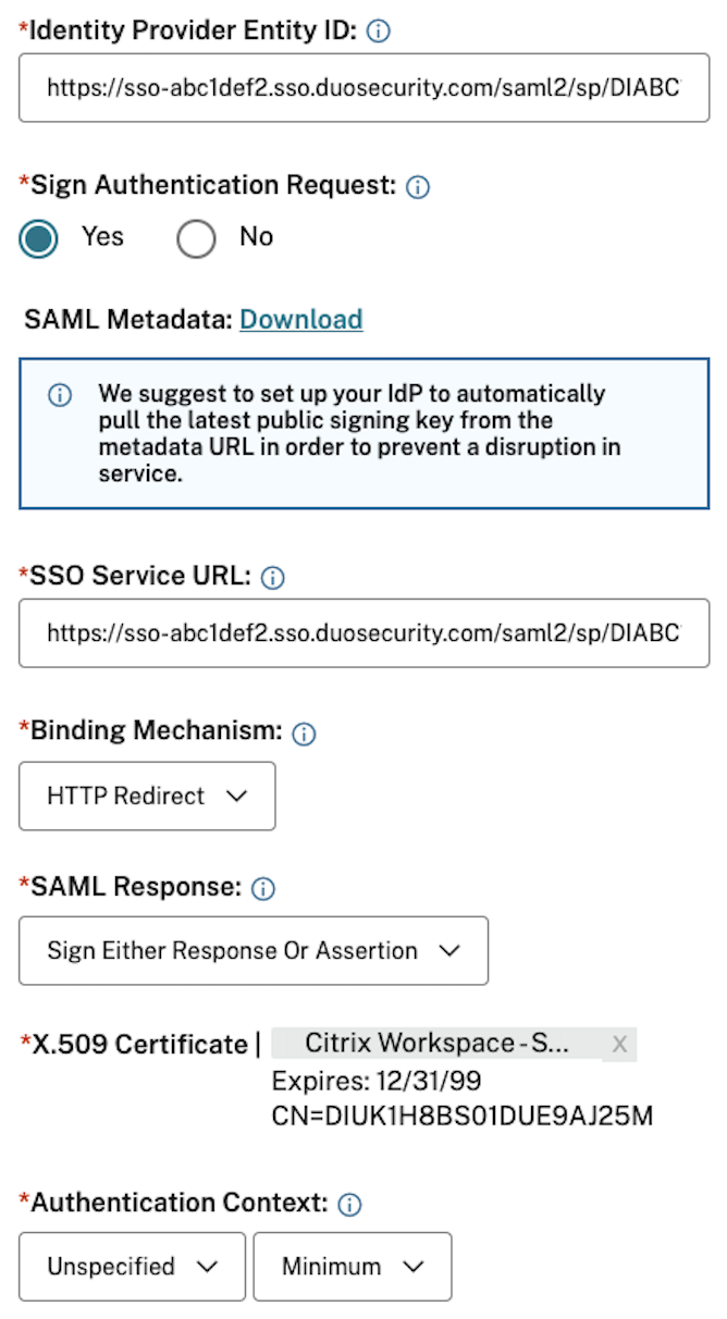 Citrix Workspace SAML Configuration Settings