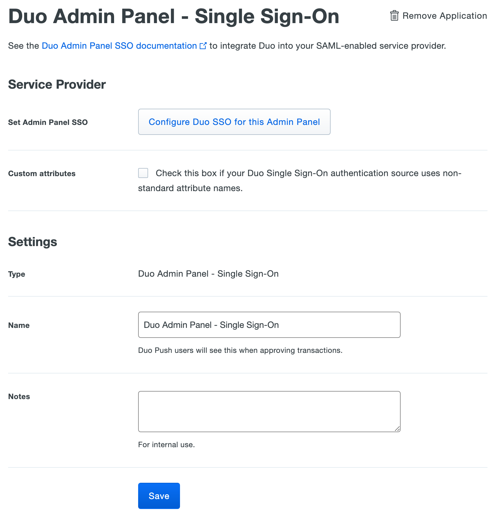 Duo Admin Panel SSO Application Settings