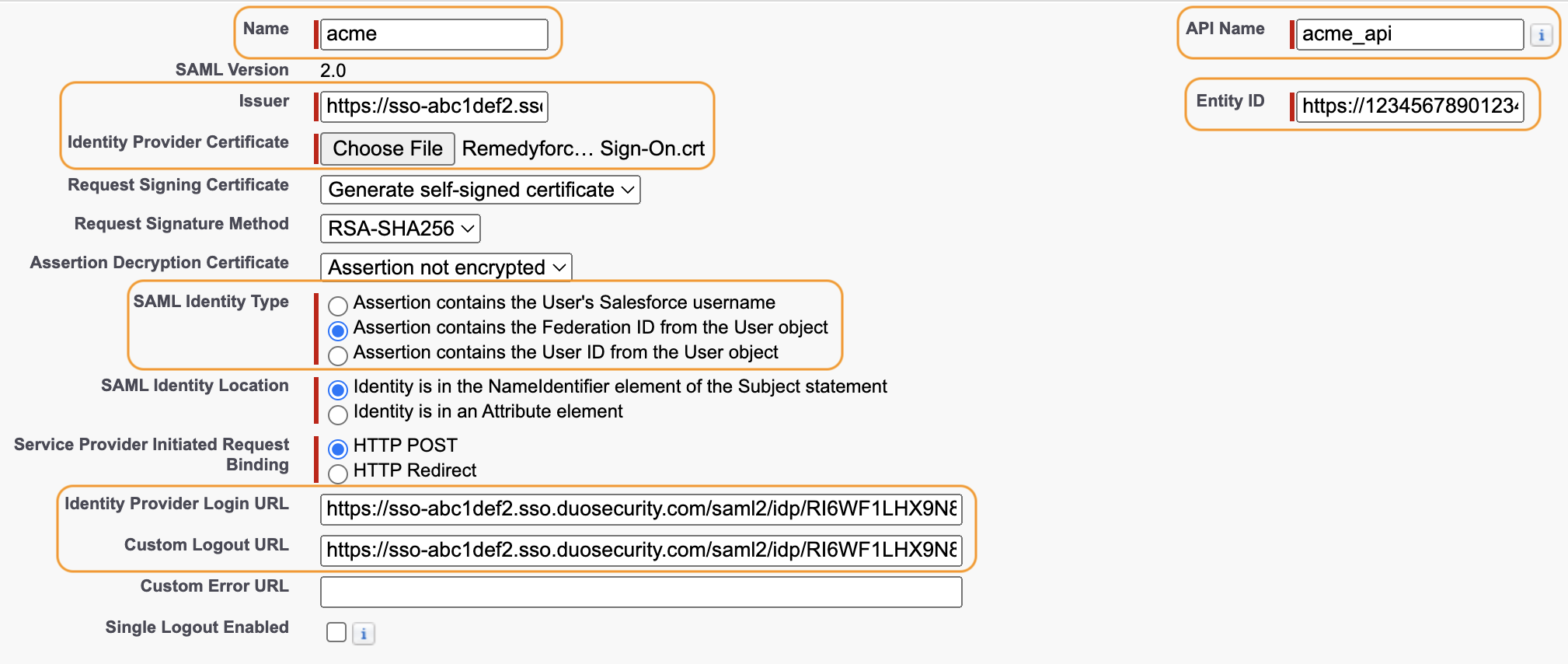 Remedyforce SAML Single Sign-On Settings