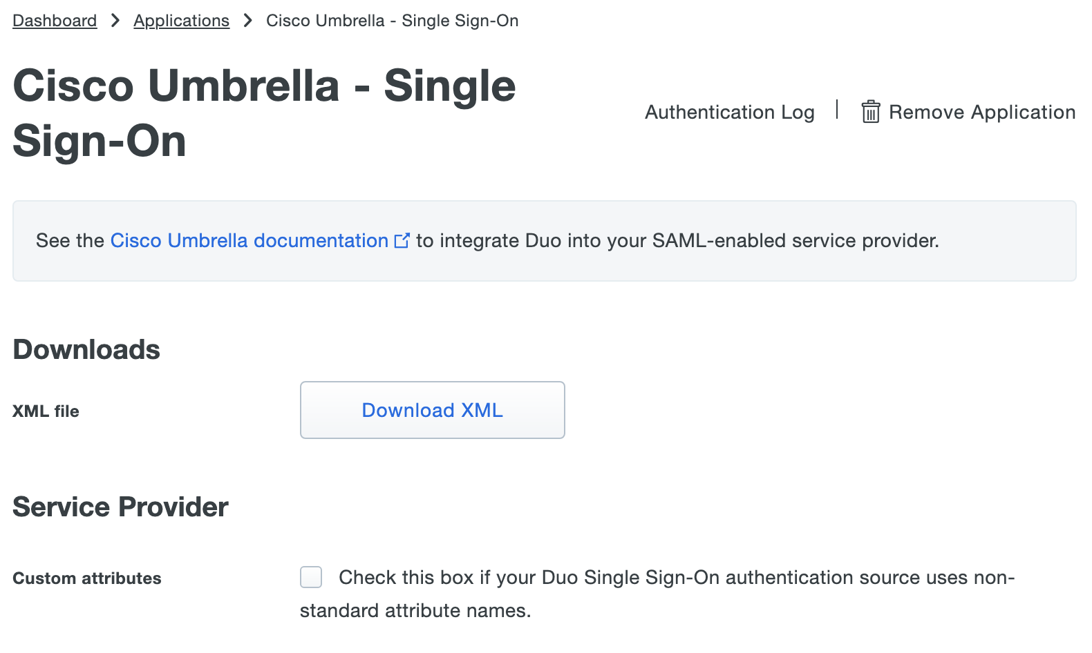 Duo Umbrella Application Settings