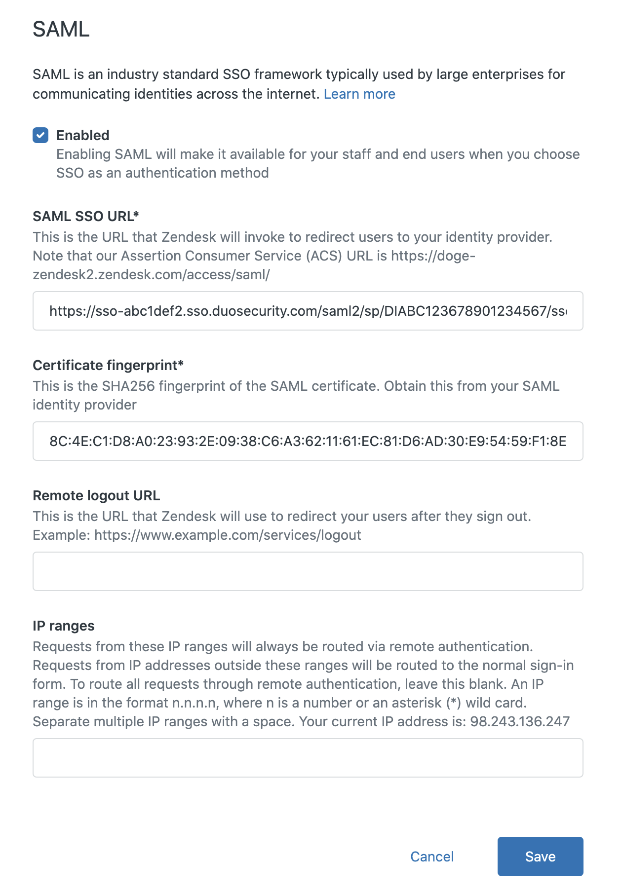 Zendesk Single Sign-On Setting Edit