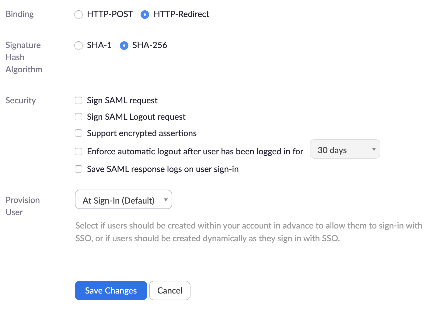 Zoom Single Sign-On Settings