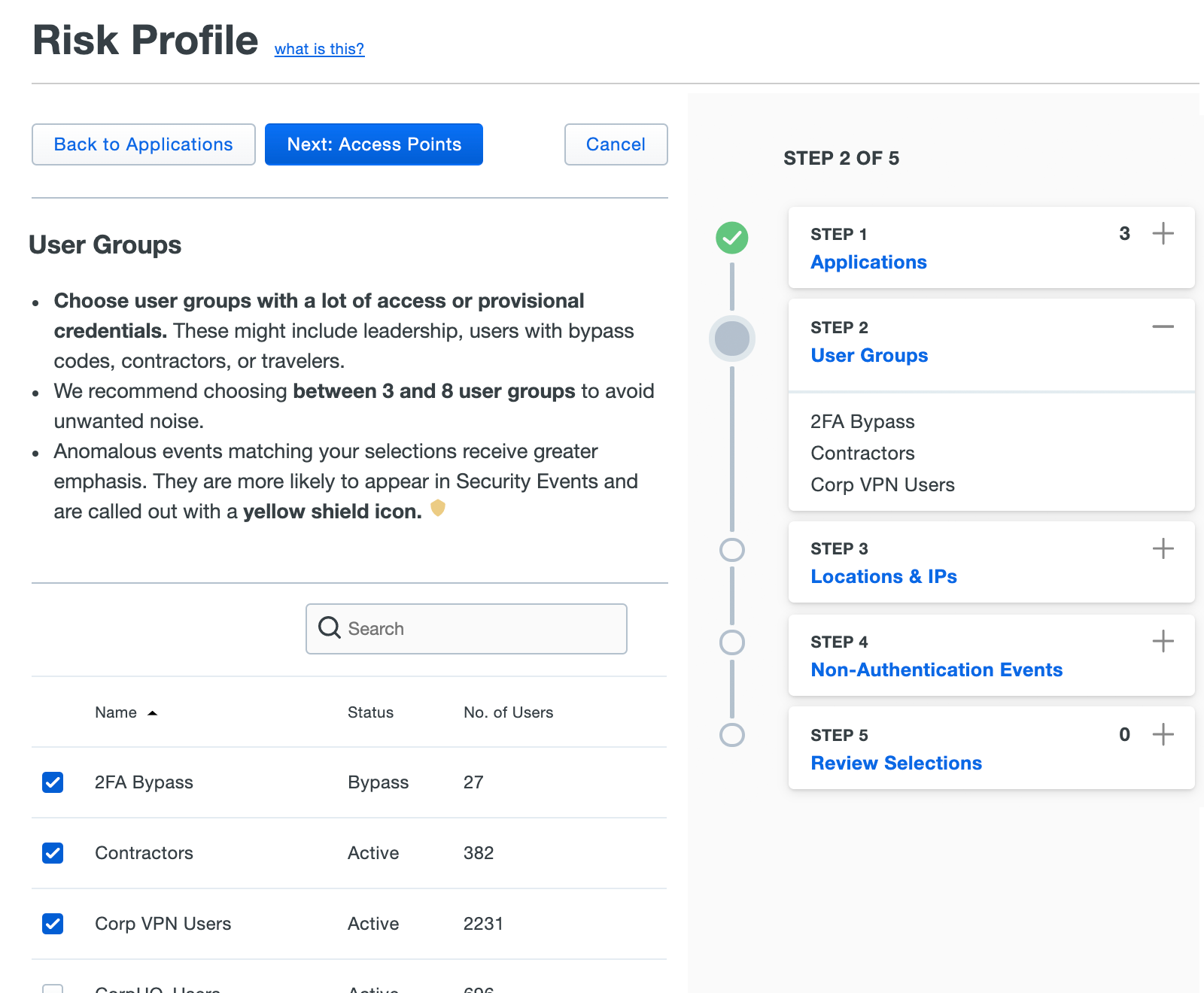 Risk Profile - Selecting Groups